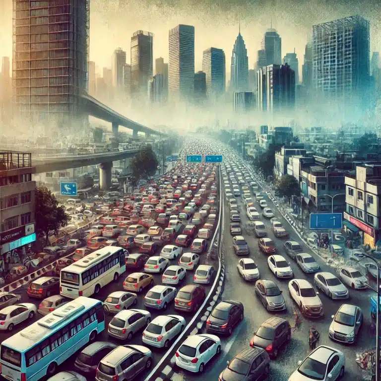 DALL·E 2024 11 03 09.19.06 – A cover image illustrating urban traffic congestion in a modern Indian city with a focus on crowded streets filled with cars, limited parking spaces,