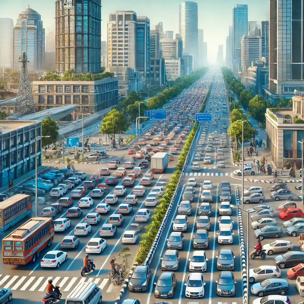 DALL·E 2024 11 12 09.45.10 – A realistic illustration of urban traffic congestion and parking challenges in an Indian city setting. Show a busy cityscape with multiple cars lined