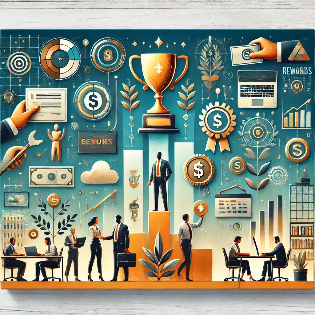 DALL·E 2024 11 29 10.40.30 – A modern and artistic cover illustration depicting the concept of workplace rewards and compensation. The image features a professional environment wi