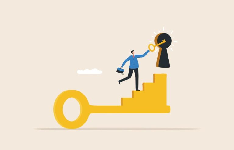 the key to success unlock the achievements of any business or career path unlock problems and hurdles businessmen climb the ladder to hole key vector